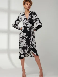 Print Satin Wrap Bodycon Dress, Black Floral