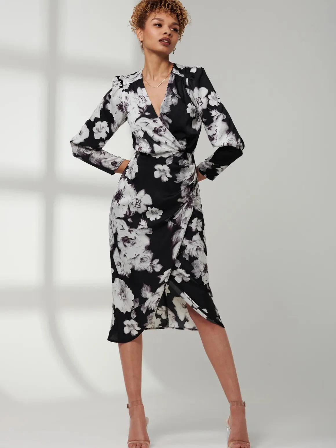 Print Satin Wrap Bodycon Dress, Black Floral