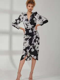 Print Satin Wrap Bodycon Dress, Black Floral