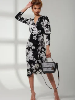 Print Satin Wrap Bodycon Dress, Black Floral