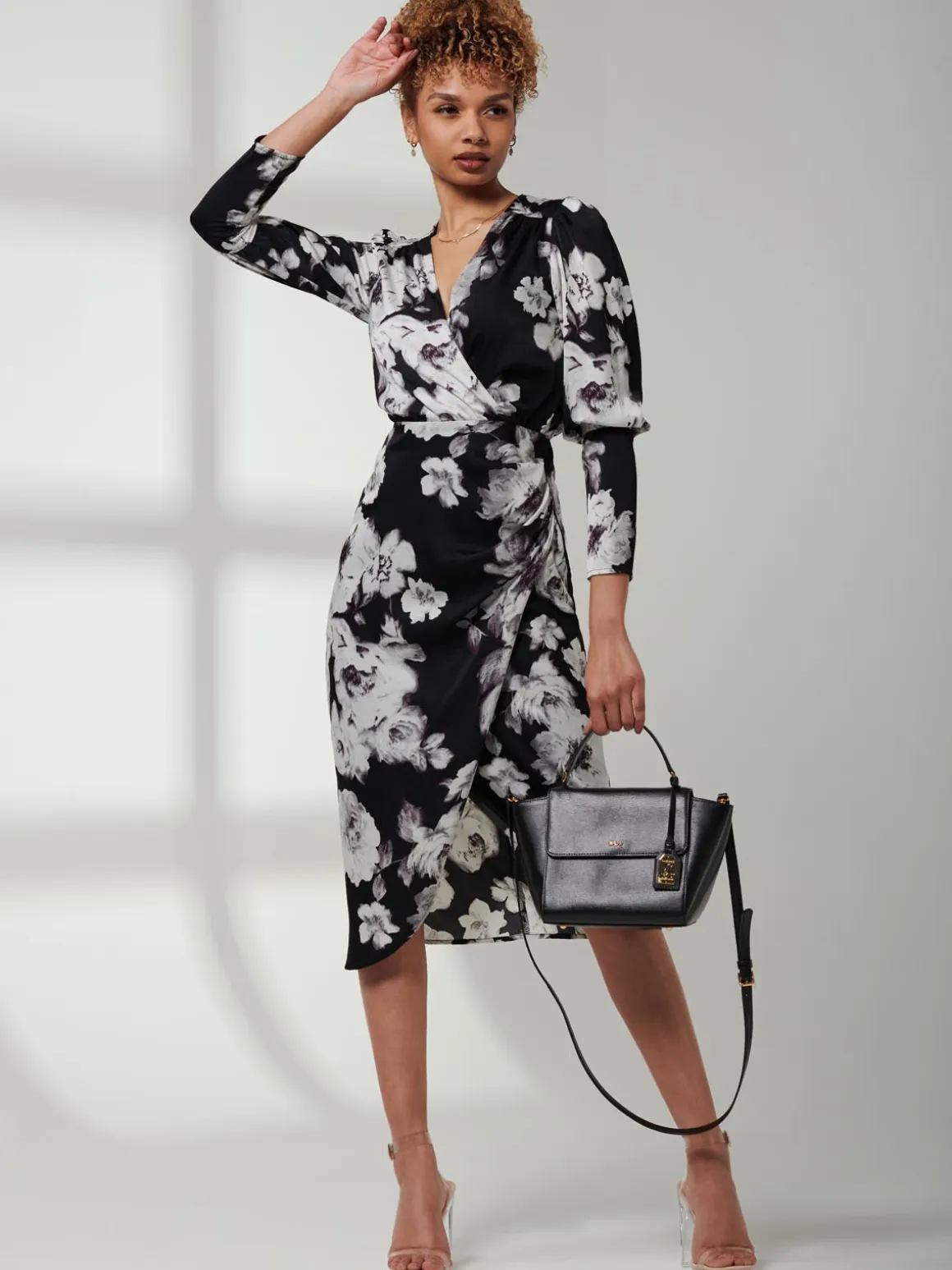 Print Satin Wrap Bodycon Dress, Black Floral