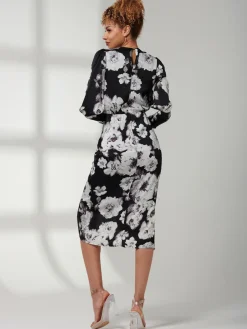 Print Satin Wrap Bodycon Dress, Black Floral