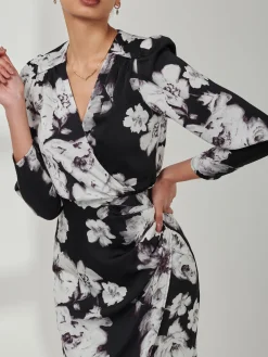 Print Satin Wrap Bodycon Dress, Black Floral
