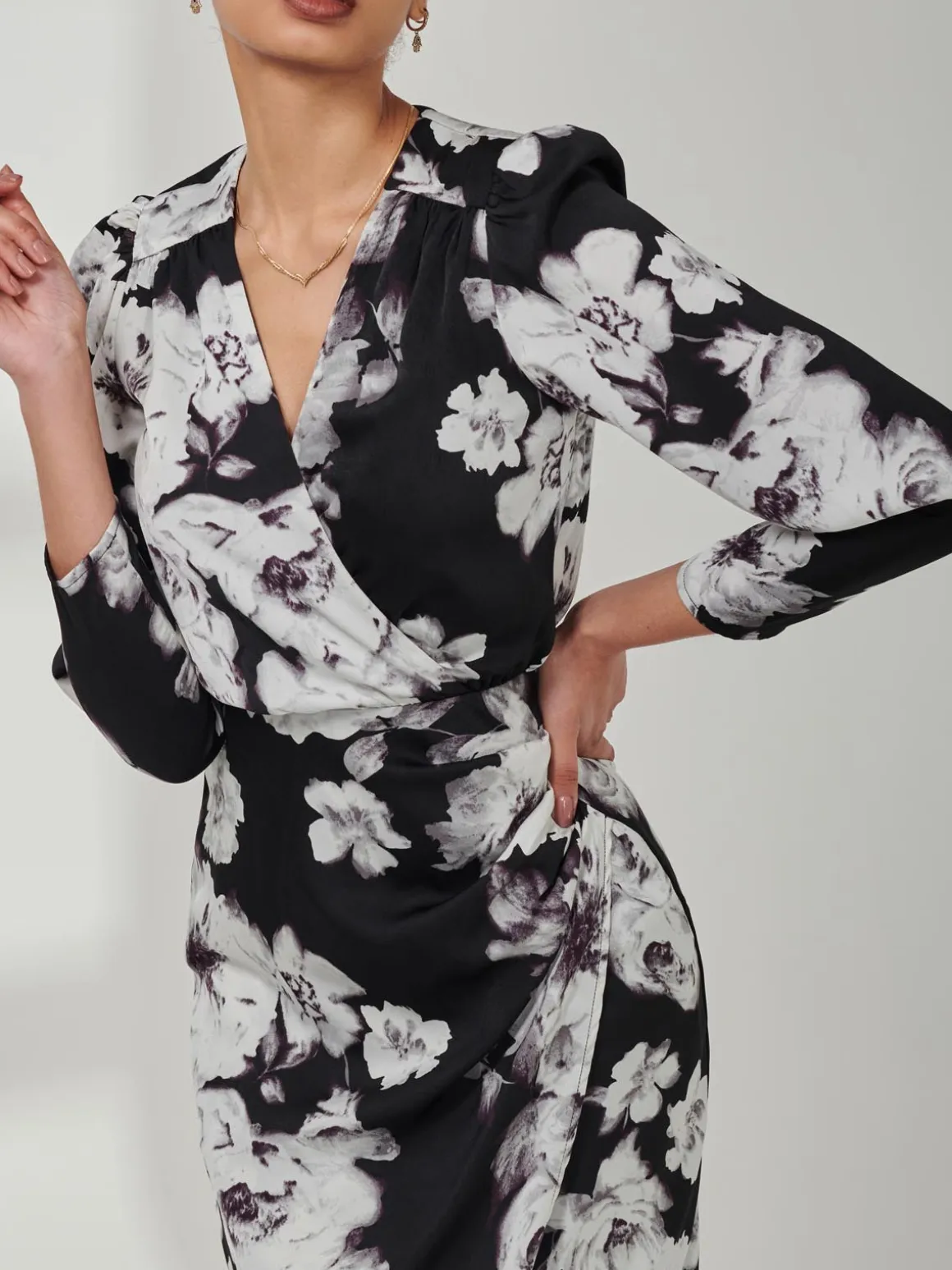 Print Satin Wrap Bodycon Dress, Black Floral