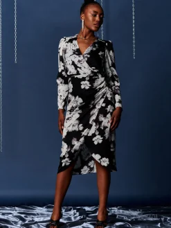 Print Satin Wrap Bodycon Dress, Black Floral