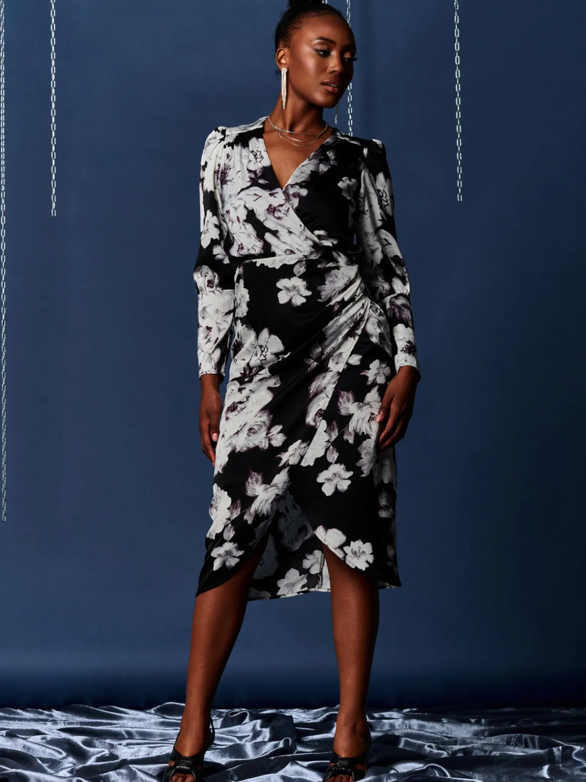 Print Satin Wrap Bodycon Dress, Black Floral