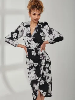 Print Satin Wrap Bodycon Dress, Black Floral