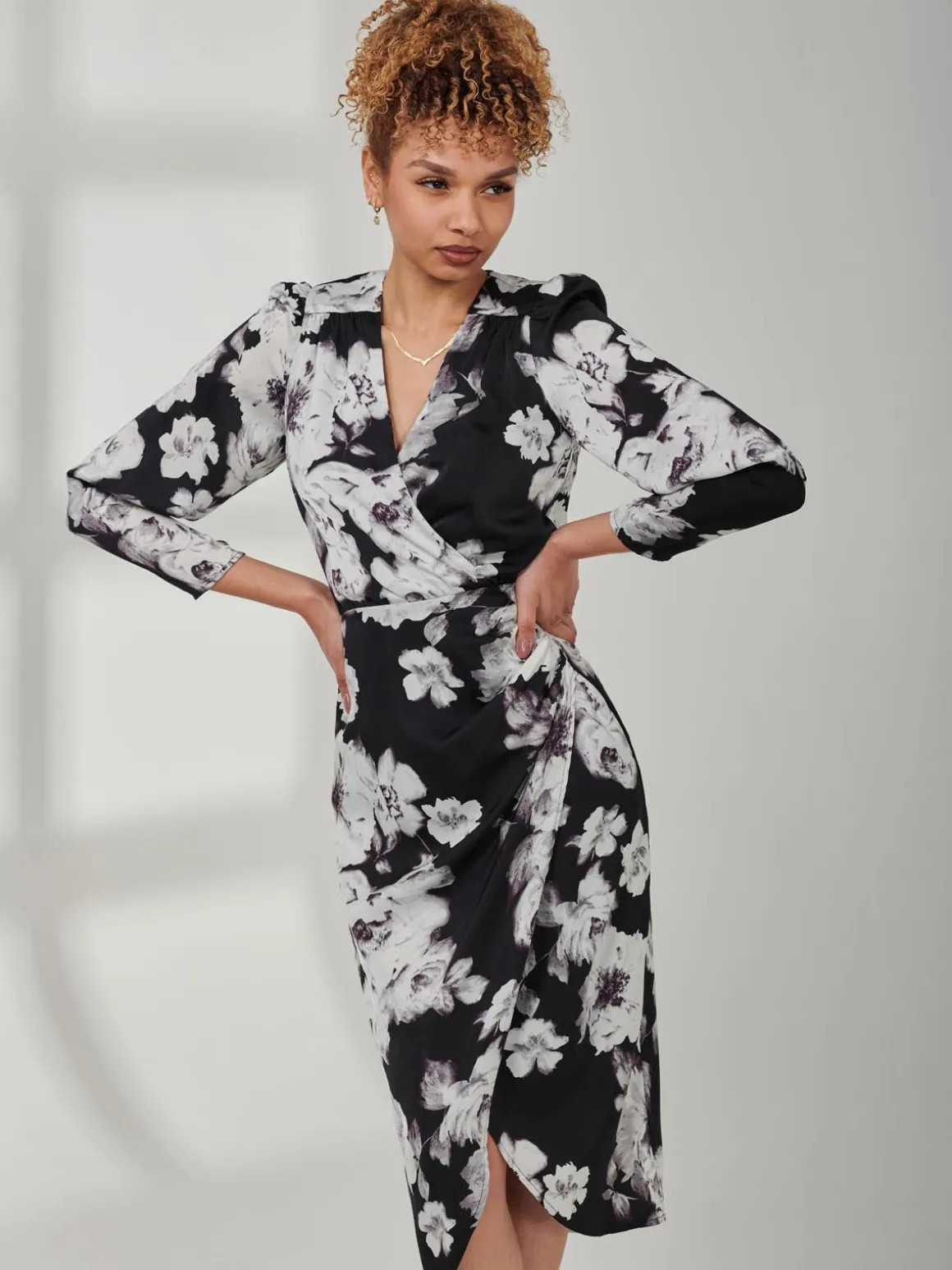 Print Satin Wrap Bodycon Dress, Black Floral