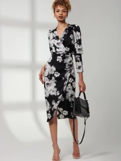 Print Satin Wrap Bodycon Dress, Black Floral