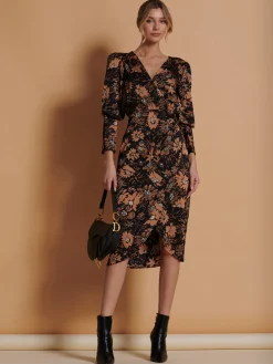 Print Satin Wrap Bodycon Dress, Brown Floral