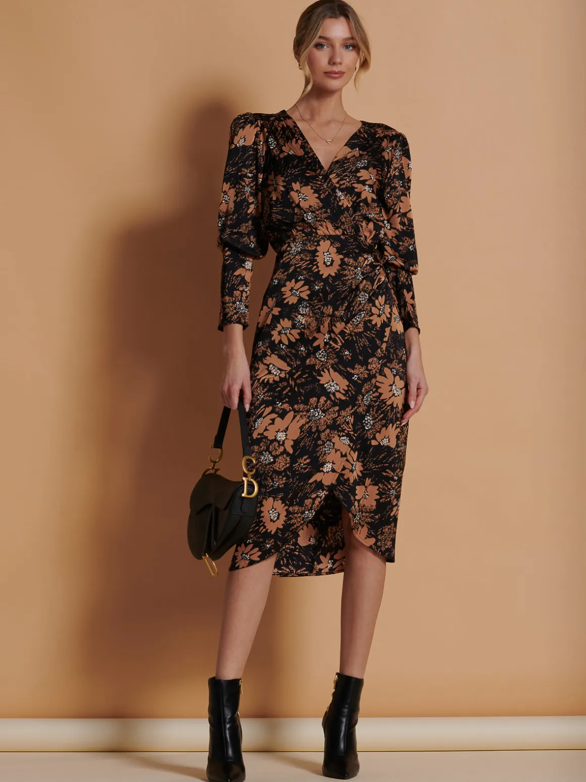 Print Satin Wrap Bodycon Dress, Brown Floral