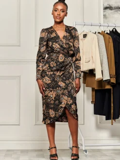 Print Satin Wrap Bodycon Dress, Brown Floral