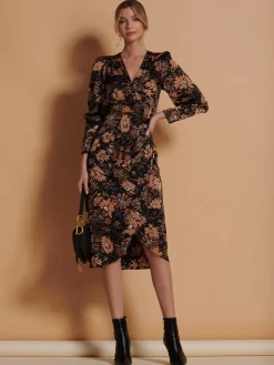 Print Satin Wrap Bodycon Dress, Brown Floral