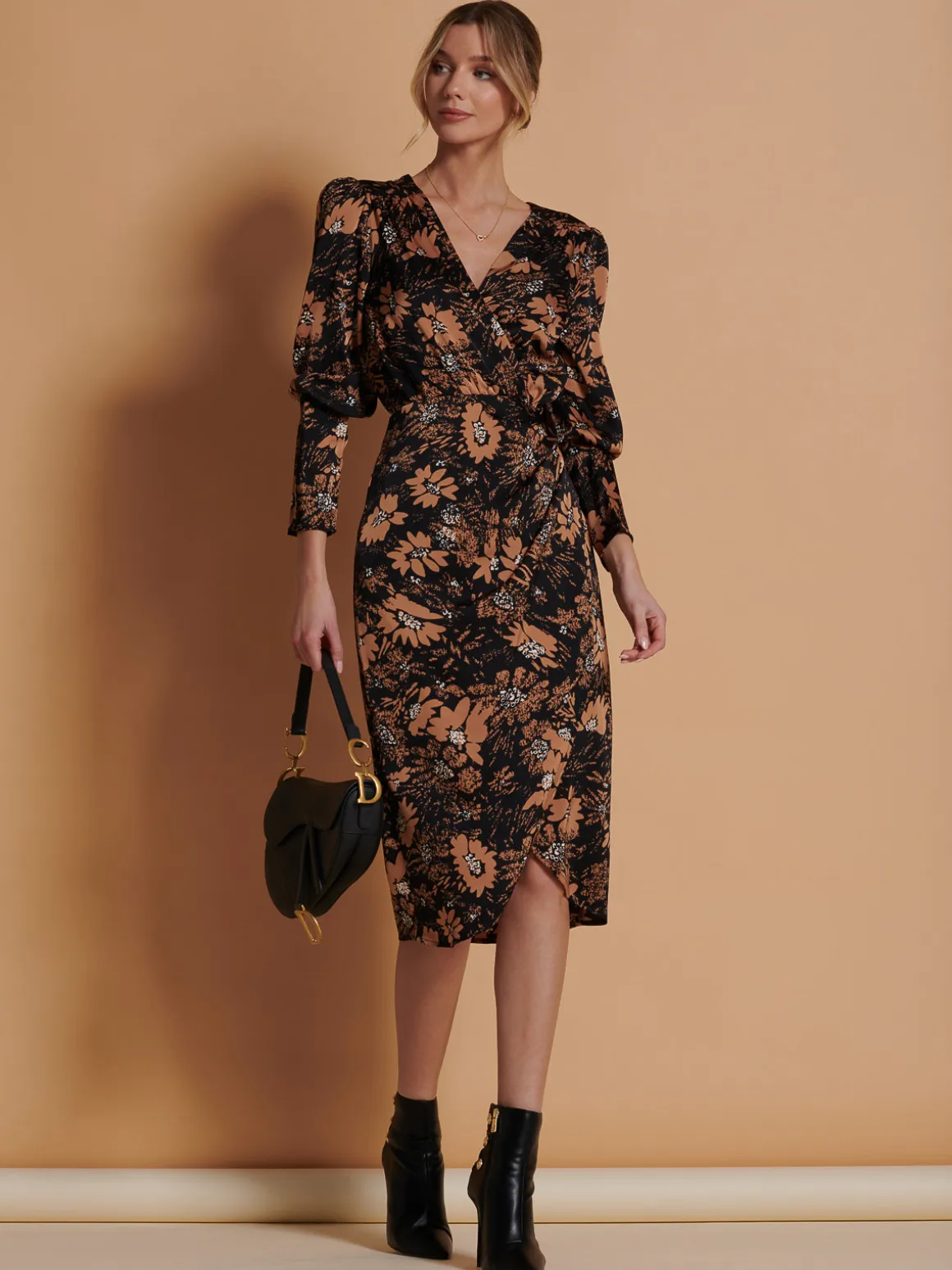 Print Satin Wrap Bodycon Dress, Brown Floral
