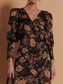Print Satin Wrap Bodycon Dress, Brown Floral