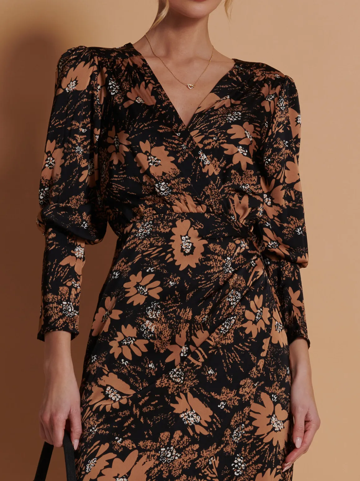 Print Satin Wrap Bodycon Dress, Brown Floral