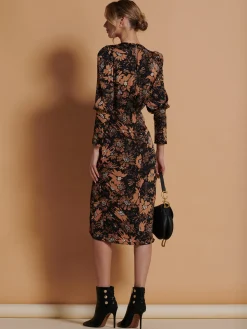 Print Satin Wrap Bodycon Dress, Brown Floral