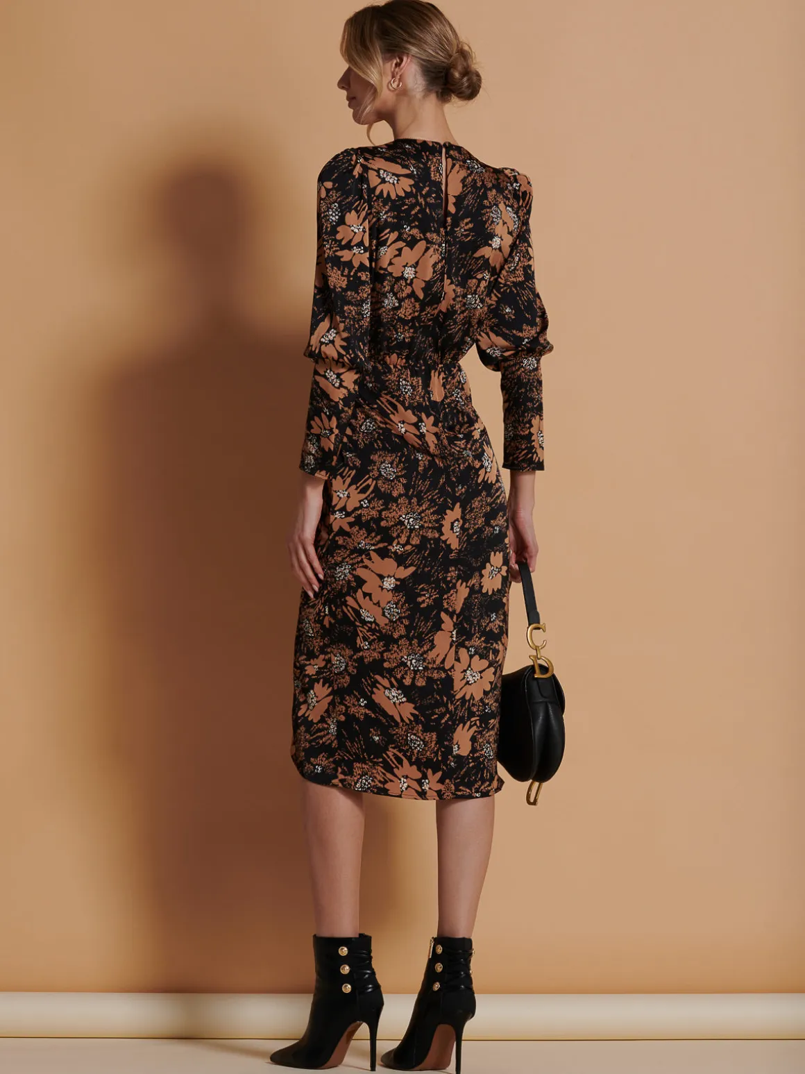 Print Satin Wrap Bodycon Dress, Brown Floral