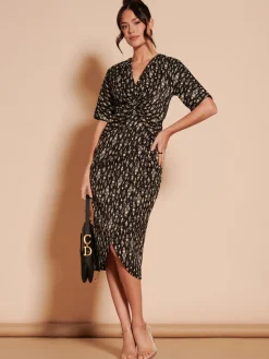 Print Twist Front Tulip Midi Dress, Black Multi