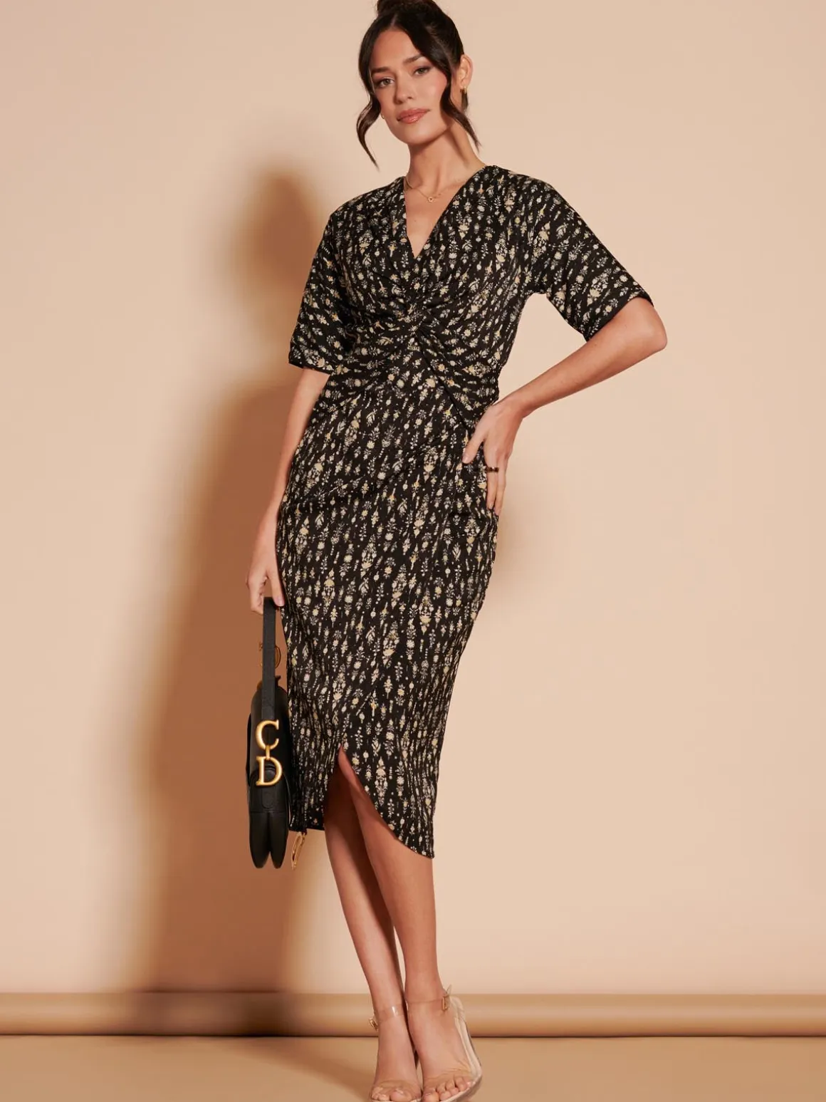 Print Twist Front Tulip Midi Dress, Black Multi