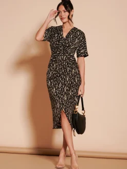 Print Twist Front Tulip Midi Dress, Black Multi