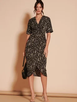 Print Twist Front Tulip Midi Dress, Black Multi