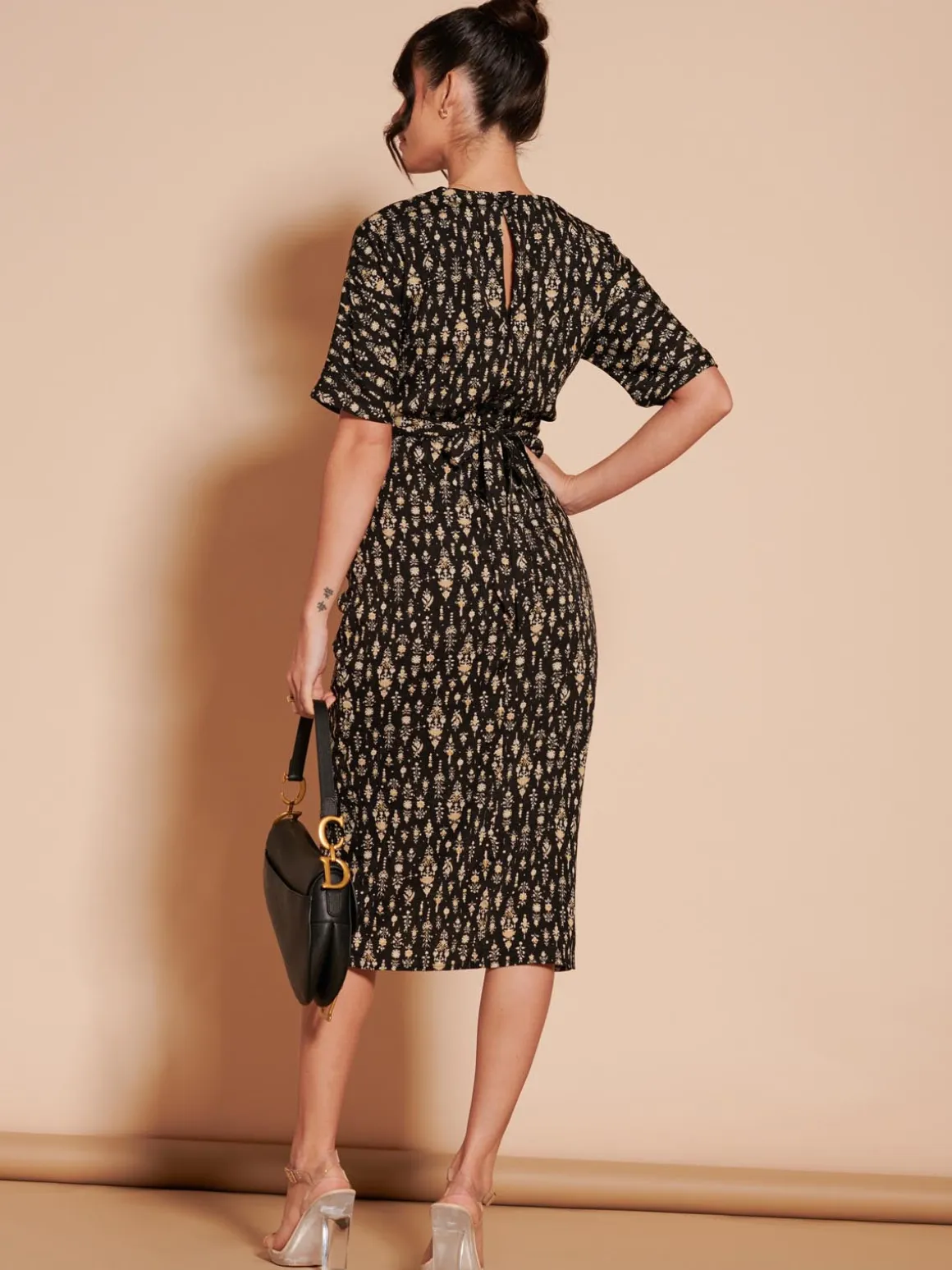 Print Twist Front Tulip Midi Dress, Black Multi