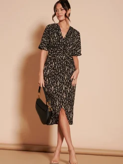 Print Twist Front Tulip Midi Dress, Black Multi