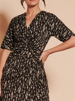Print Twist Front Tulip Midi Dress, Black Multi