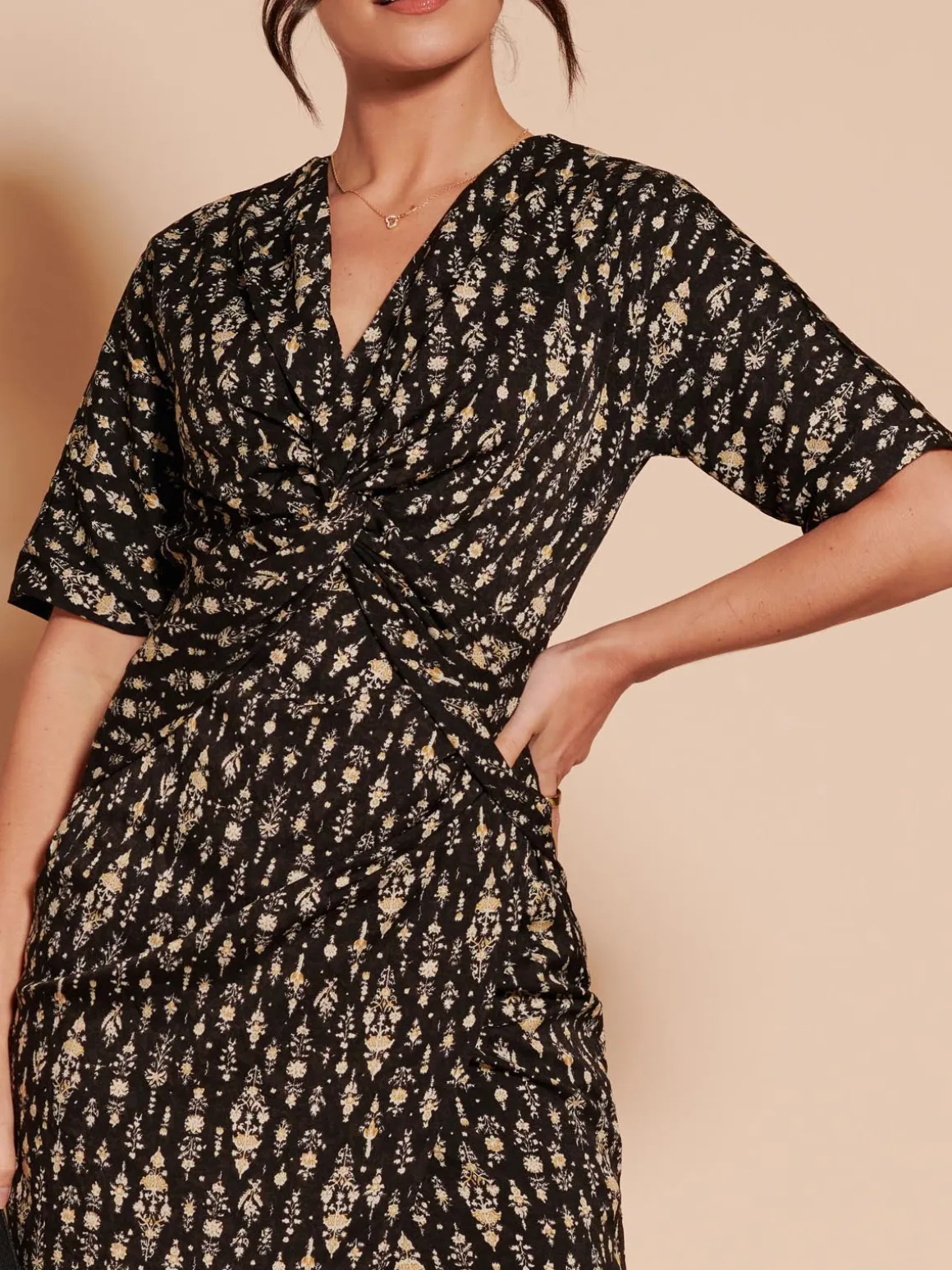 Print Twist Front Tulip Midi Dress, Black Multi