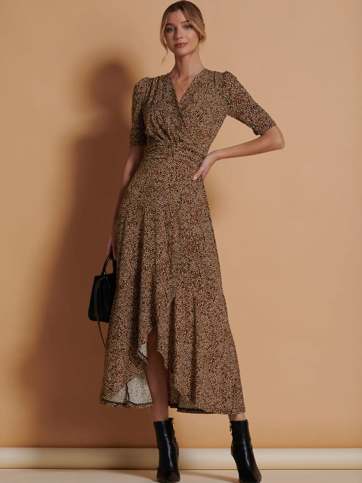 Print Viscose Frill Hem Maxi Dress, Black Spot