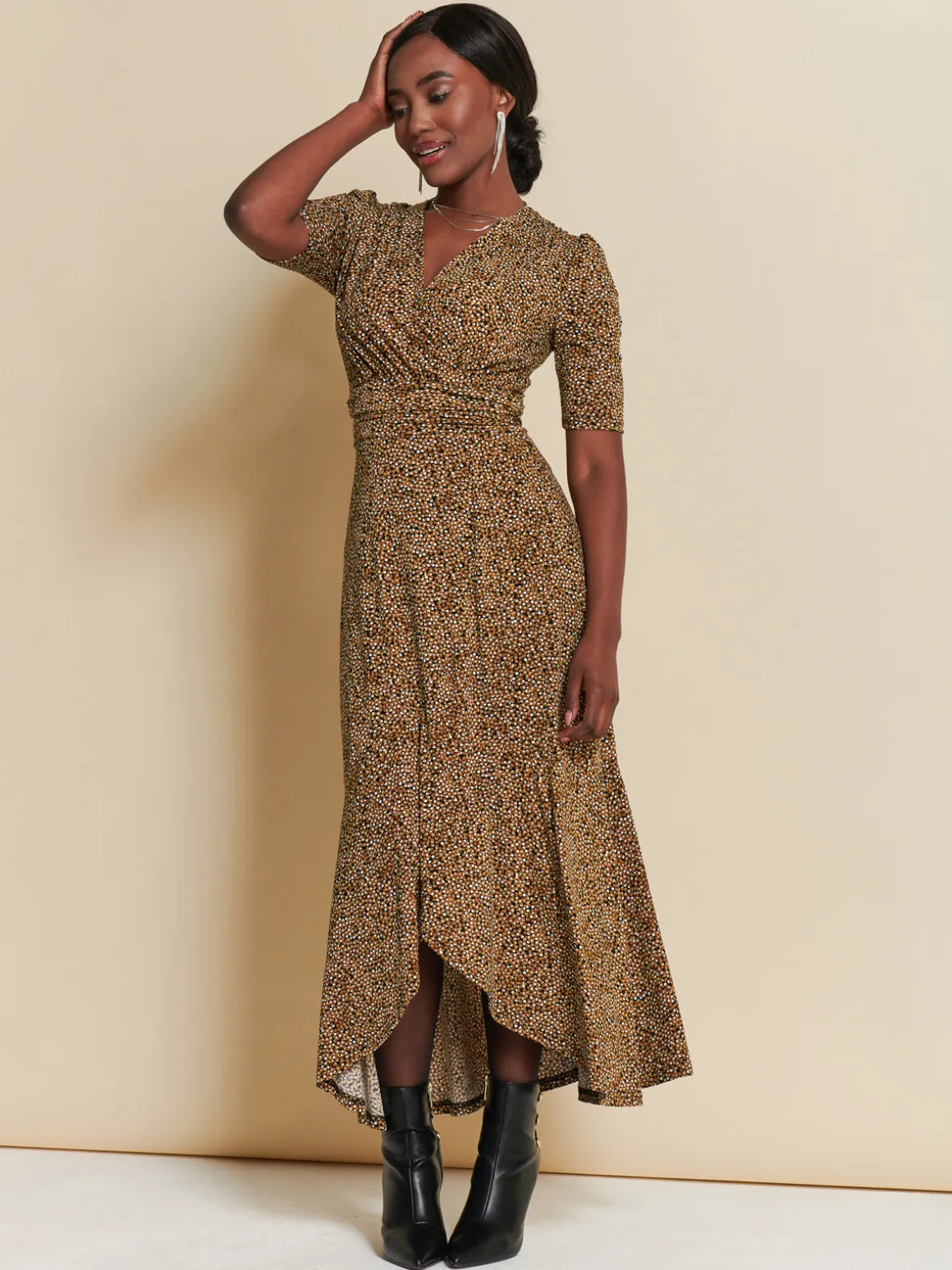 Print Viscose Frill Hem Maxi Dress, Black Spot