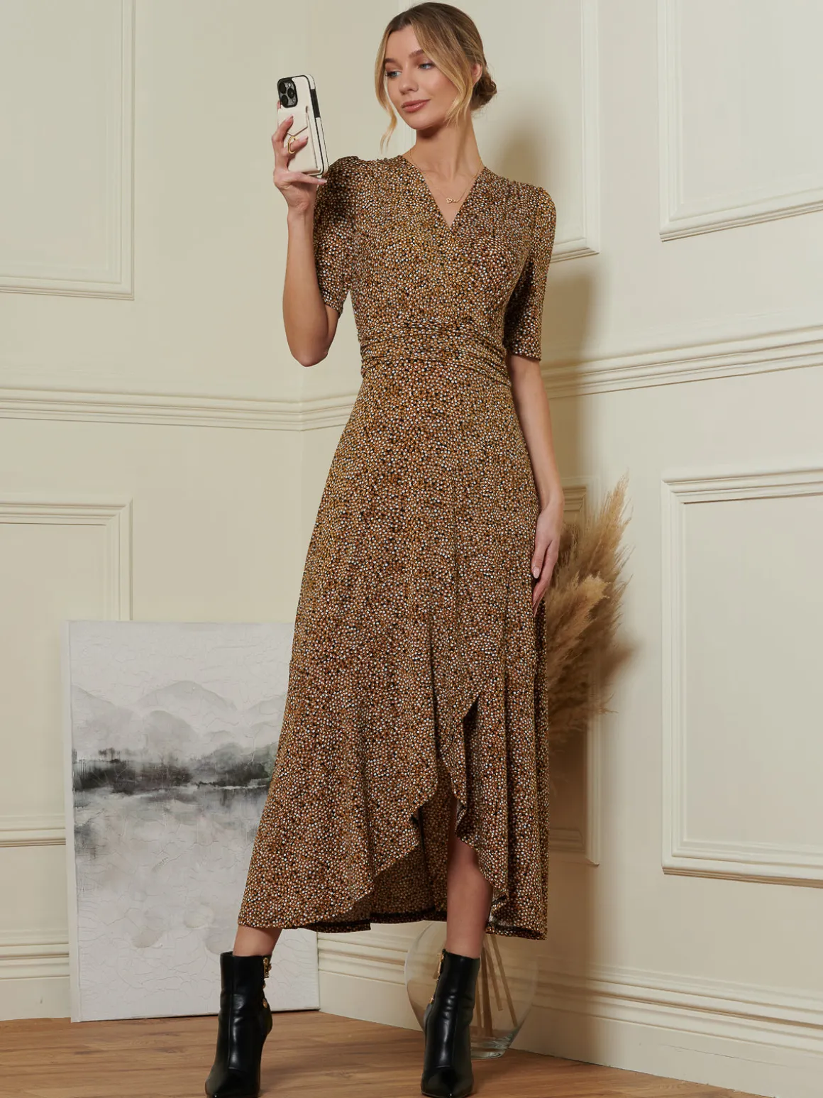 Print Viscose Frill Hem Maxi Dress, Black Spot