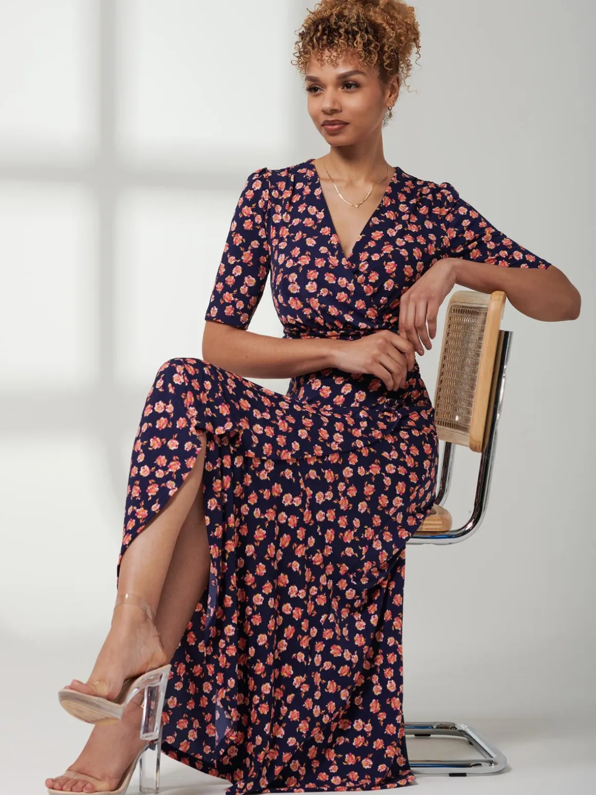Print Viscose Frill Hem Maxi Dress, Navy Floral