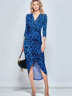 Print Wrap Front Bodycon Maxi Dress, Blue Animal