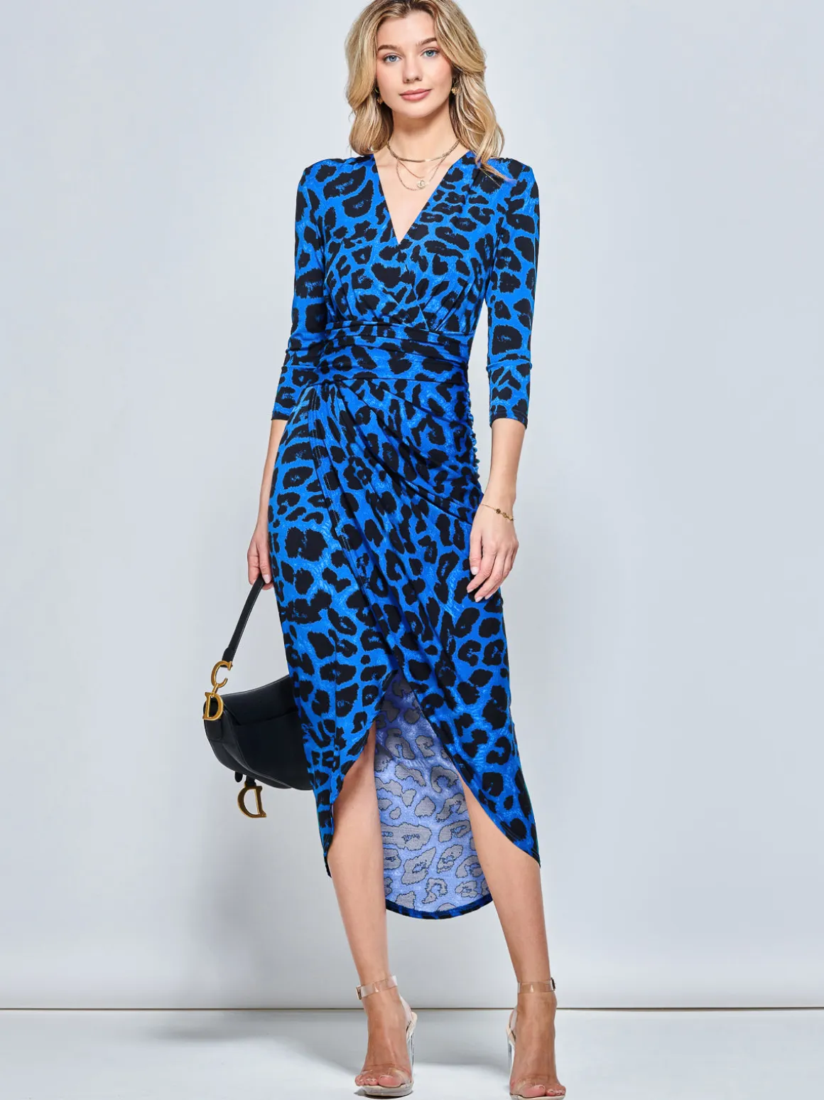 Print Wrap Front Bodycon Maxi Dress, Blue Animal