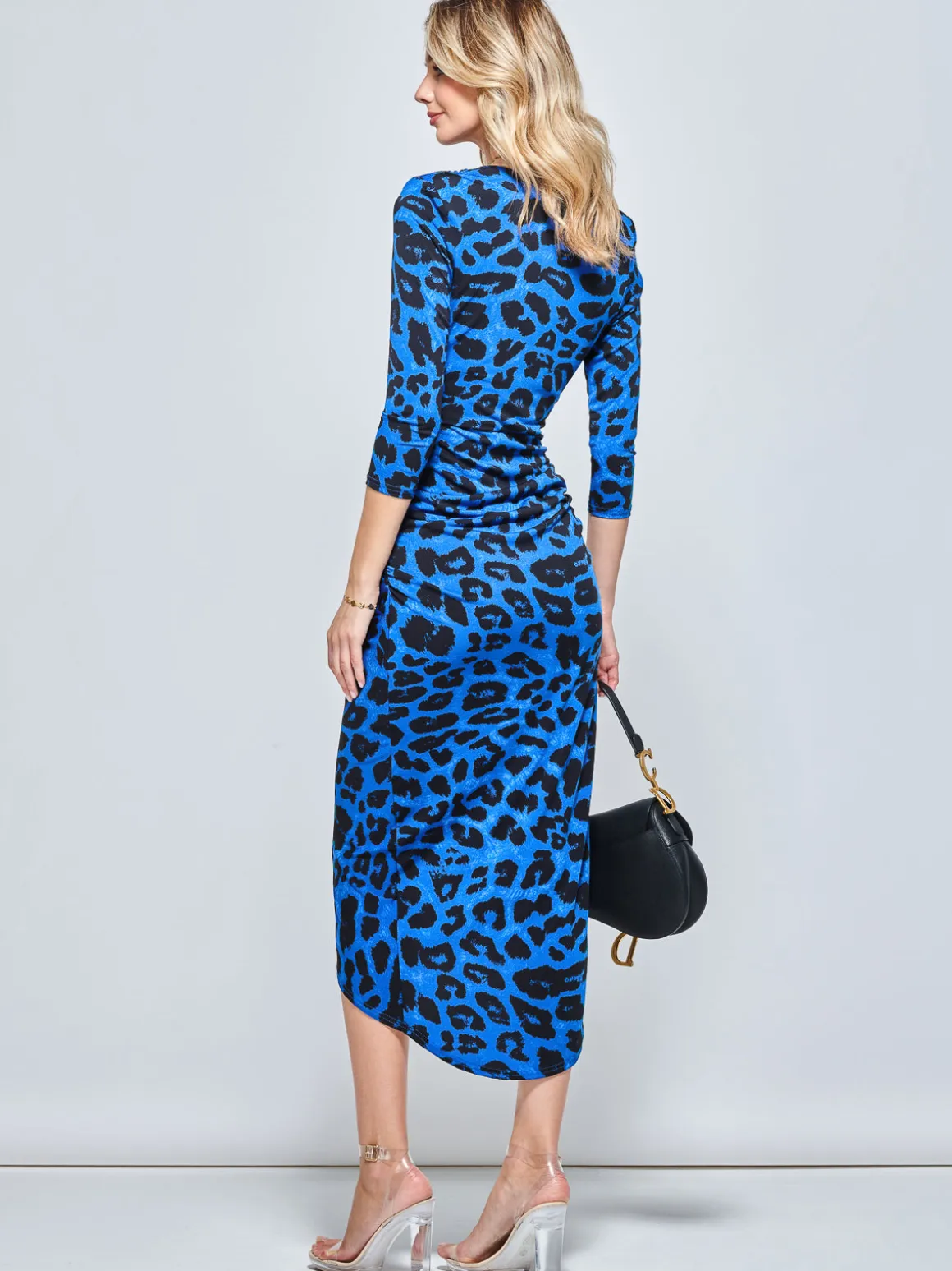 Print Wrap Front Bodycon Maxi Dress, Blue Animal