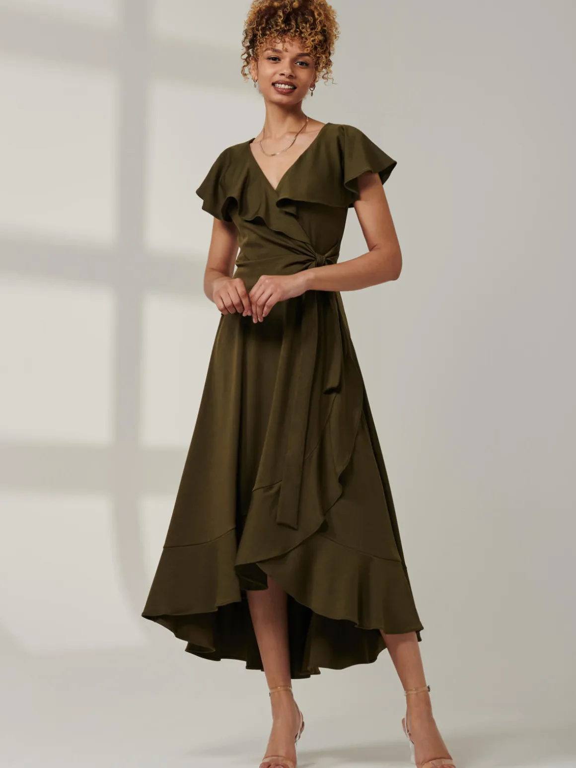 Priya Frill Dipped Hem Dress, Soldier Green