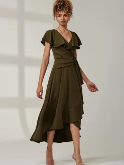 Priya Frill Dipped Hem Dress, Soldier Green
