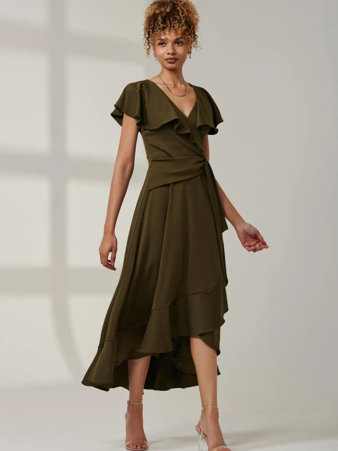 Priya Frill Dipped Hem Dress, Soldier Green