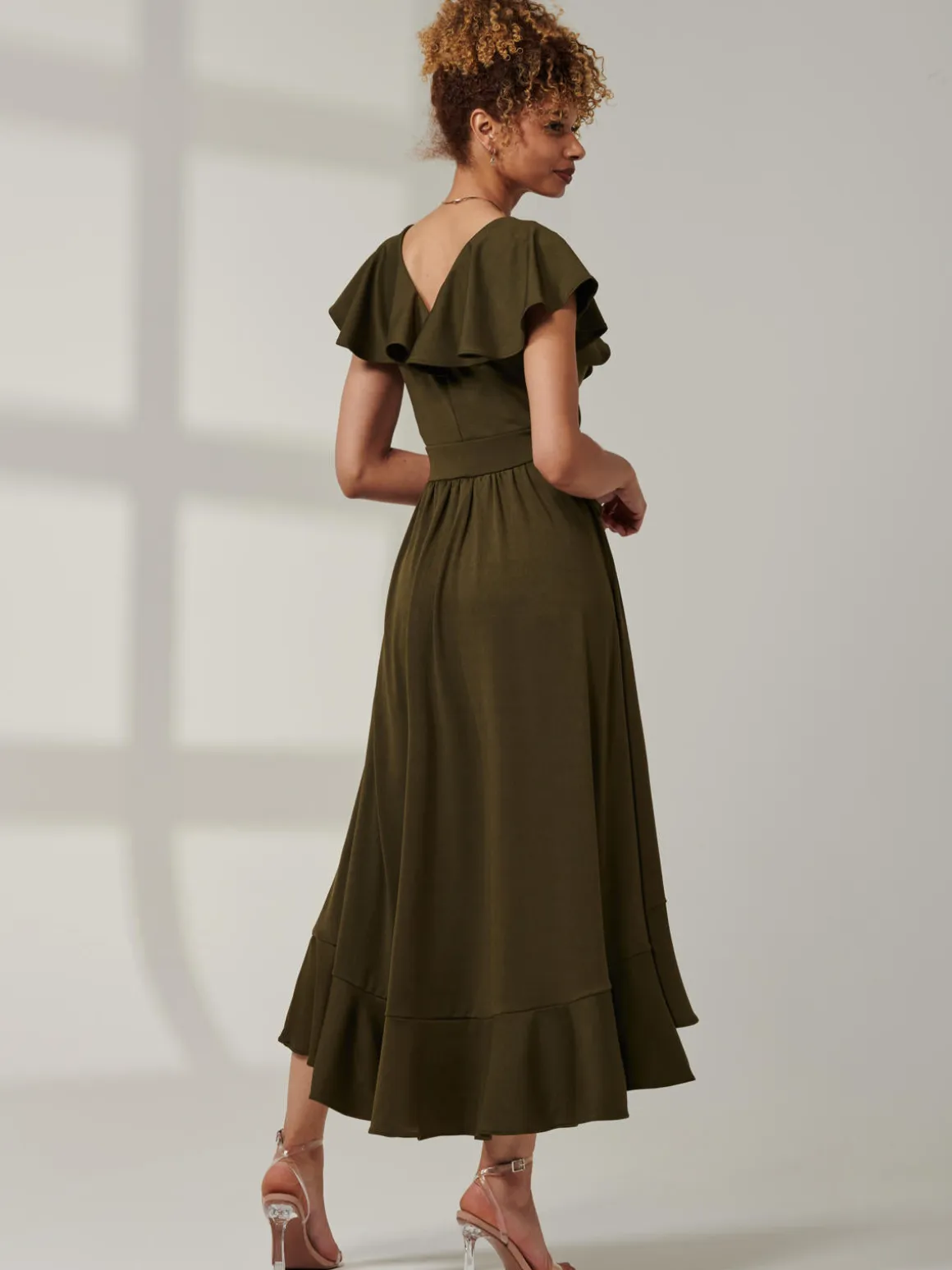 Priya Frill Dipped Hem Dress, Soldier Green