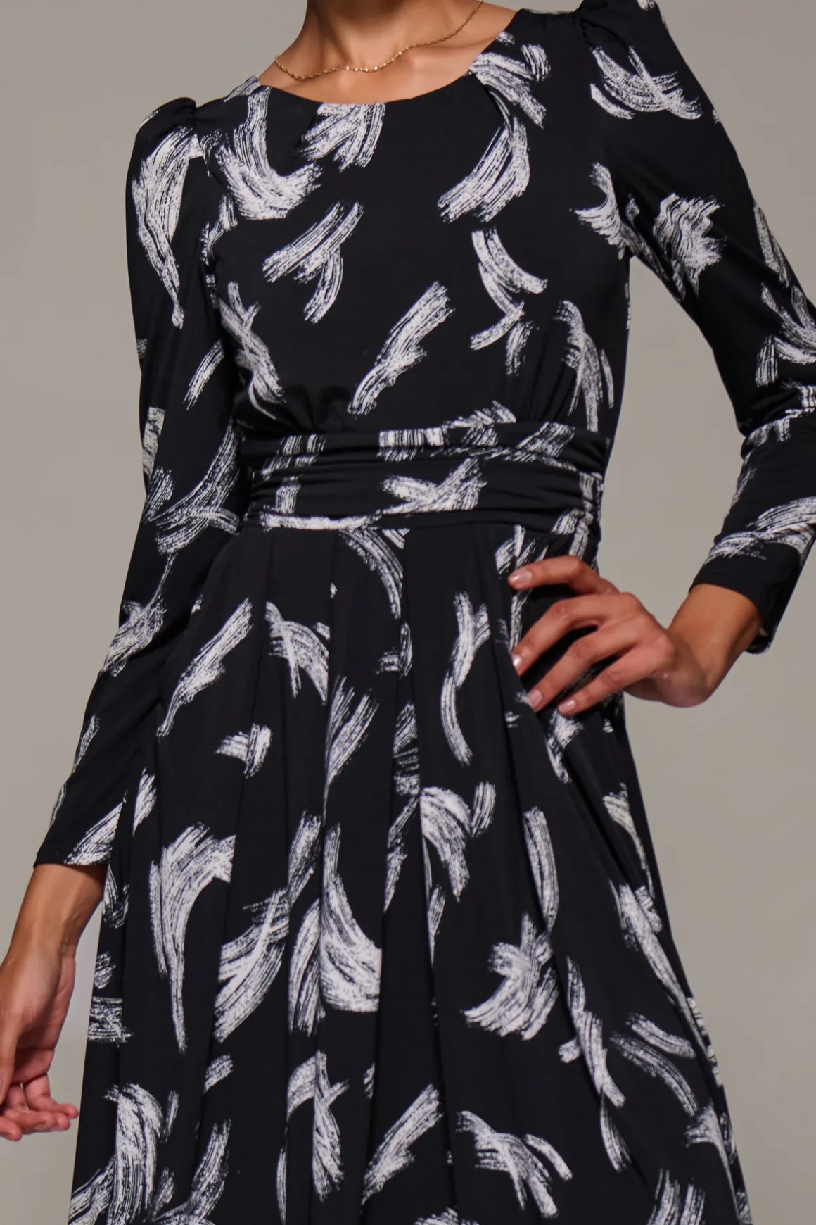 Puff Long Sleeve Jersey Maxi Dress, Black Brushstroke
