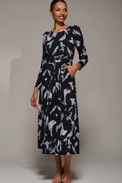 Puff Long Sleeve Jersey Maxi Dress, Black Brushstroke