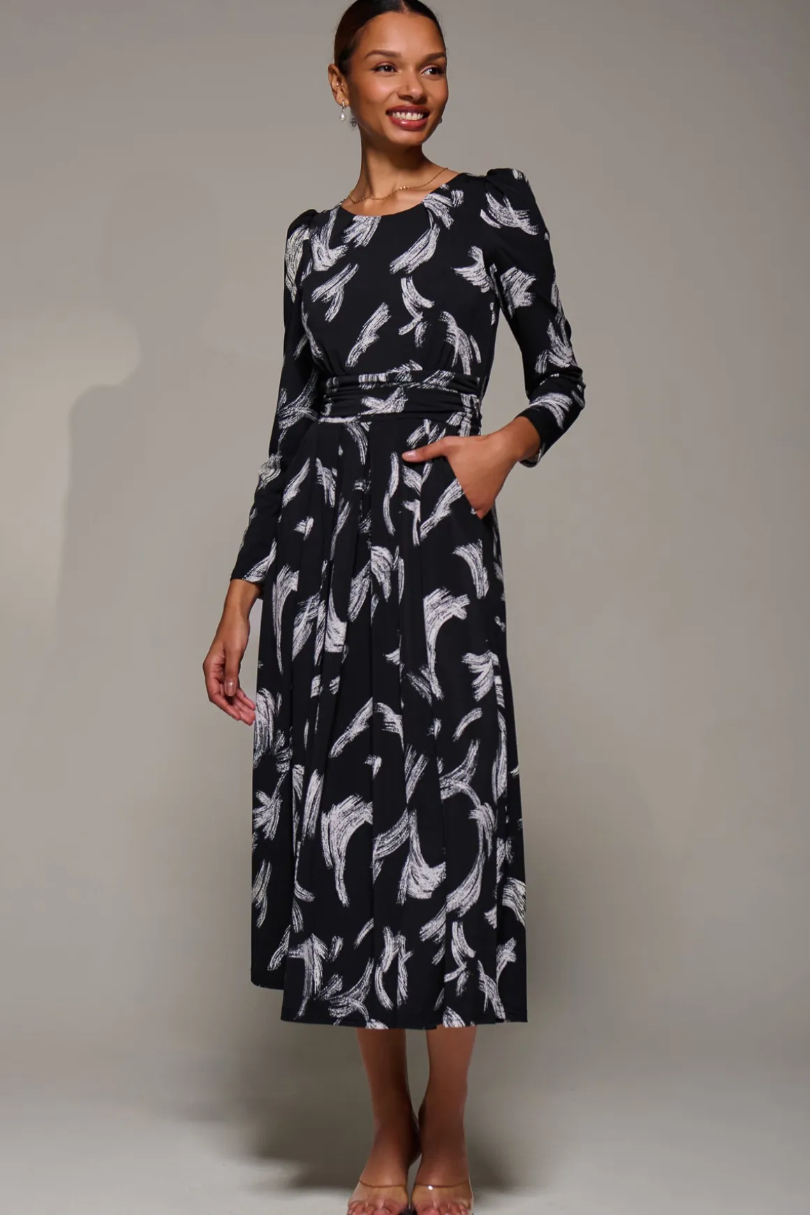 Puff Long Sleeve Jersey Maxi Dress, Black Brushstroke