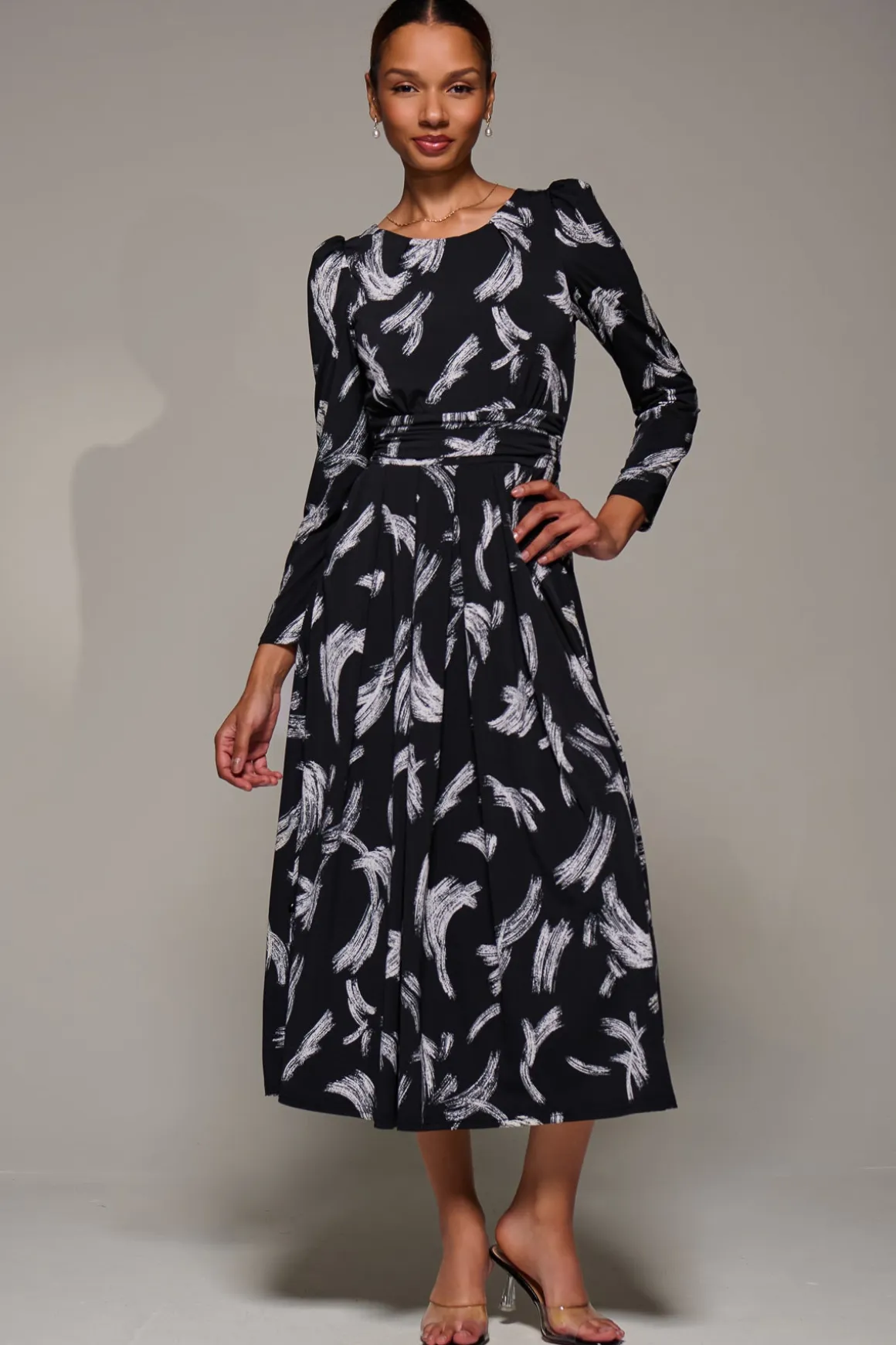 Puff Long Sleeve Jersey Maxi Dress, Black Brushstroke