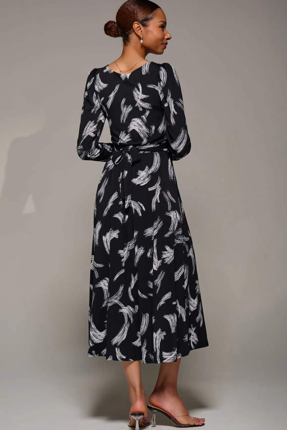 Puff Long Sleeve Jersey Maxi Dress, Black Brushstroke