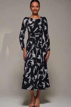 Puff Long Sleeve Jersey Maxi Dress, Black Brushstroke