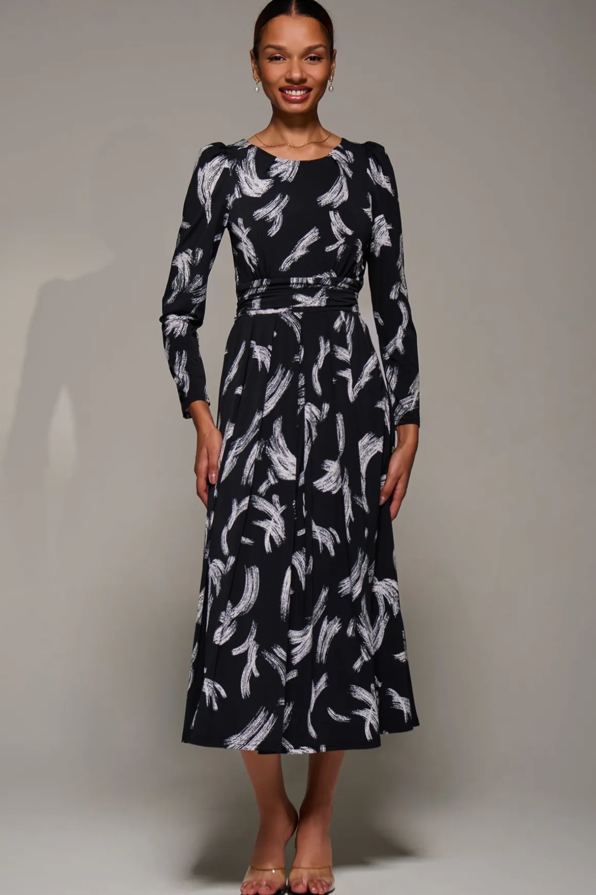 Puff Long Sleeve Jersey Maxi Dress, Black Brushstroke