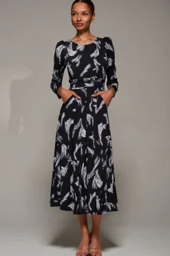Puff Long Sleeve Jersey Maxi Dress, Black Brushstroke