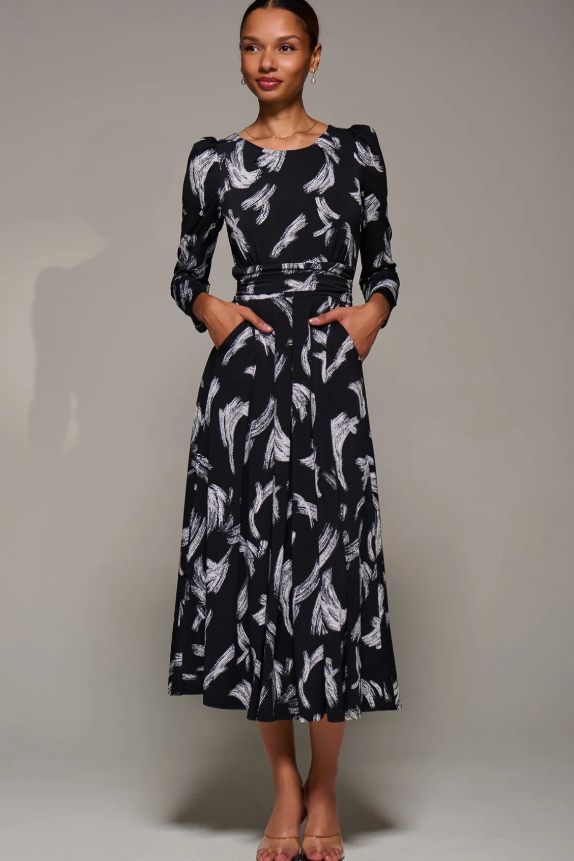 Puff Long Sleeve Jersey Maxi Dress, Black Brushstroke